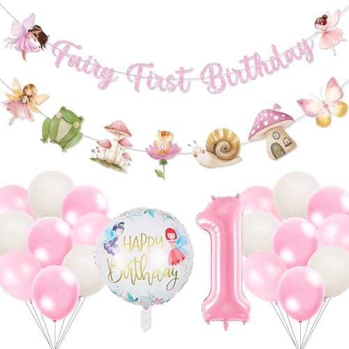 Fairy First Birthday Decorations Include Fairy First Birthday Banner and Balloons Girl Party Decorations