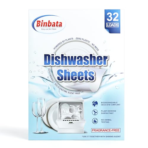 Image of Binbata Upgraded Eco Dishwasher Detergent Sheets Up To 32 Loads, Unscented Plastic Free Dishwashing Soap Strips With High Efficient Solid Enzyme, Leaving Dishes Sparkling Clean