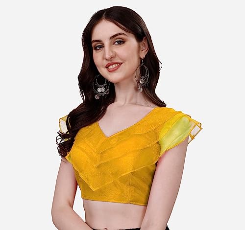 Image of Pujia Mills Women's V Neck Orgenza Three Layer Ruffle Sleeve Frill Readymade Saree Blouse