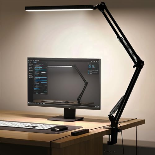 Meltrck Lampada da Scrivania LED con Morsetto, Lampada Architetto Dimmerabile con Braccio Girevole Lungo,1200LM Protezione Occhi, 5 Colori e 11 Luminosità, Lampada da Lavoro per Ufficio (Nero)