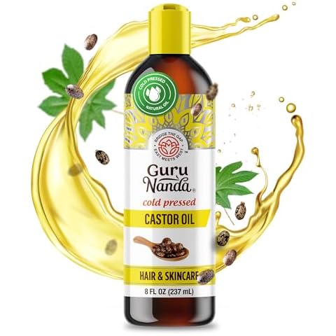 GuruNanda Castor Oil (8 Fl oz), 100% Pure, Cold Pressed & Hexane-Free, Hydrating Carrier Oil, Natural Castor Oil for Hair, Eyebrows & Eyelashes Growth Cover