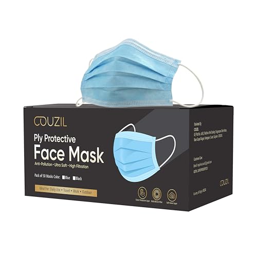 COUZIL 3-Ply Protective Face Mask | Anti-Pollution Disposable Mask with Melt-Blown Filter | Ultra Soft & Breathable | Adjustable Nose Clip | Pack of 50 (Blue)