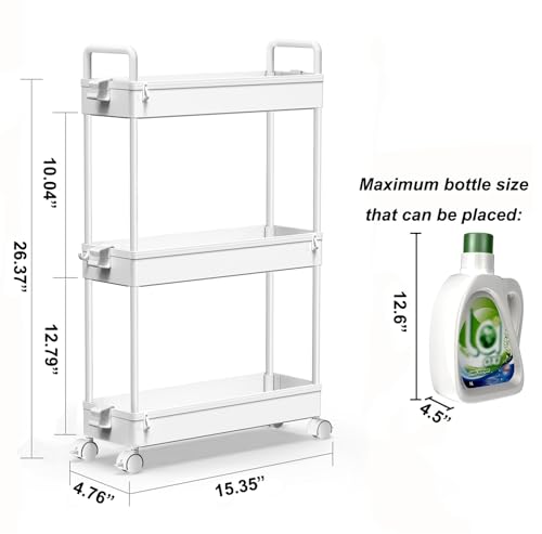 SOLEJAZZ 3-Tier Storage Trolley Cart Slide-out Slim Rolling Utility Cart Mobile Storage Shelving Organizer for Kitchen, Bathroom, Laundry Room, Bedroom, Narrow Places, Plastic,White