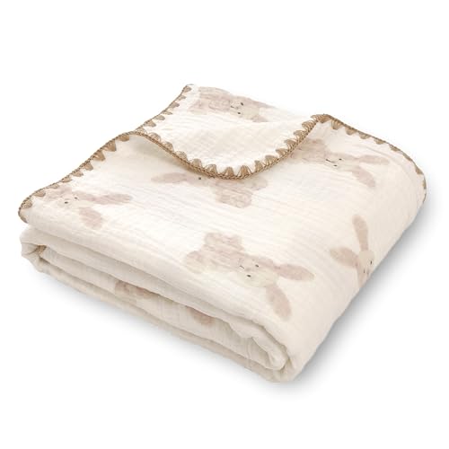 Gunnaicat Double Layered 100% Cotton Muslin Baby Blanket Ultra-Soft 40x40 Inch Swaddling Nursery Crib Blanket(Bunny)