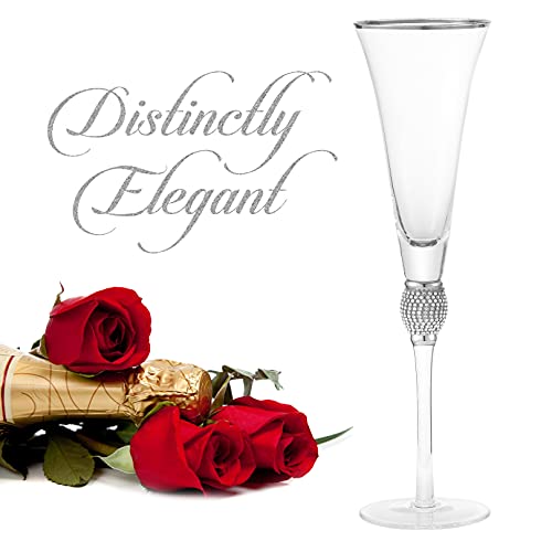 Berkware Set Of 2 Champagne Glasses - Luxurious Champagne Trumpet Flutes With Silver Dazzling Rhinestone Design And Silver Rim #TOP2