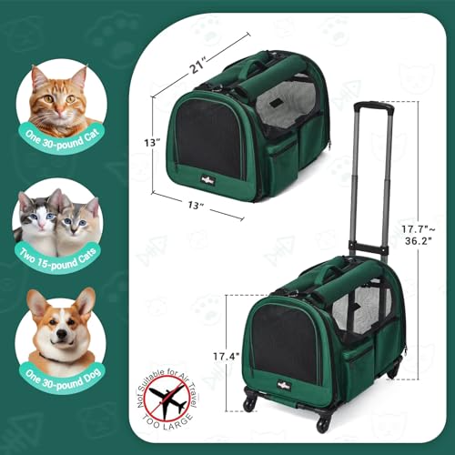 Large-Cat-Carrier-with-Wheels-Foldable-Rolling-Pet-Dog-Carrier-with-Wheels-and-Big-Pocket-Cat-Carrier-Travel-Bag-for-2-Cats-Dogs-Under-30-lbs-for-Outdoor-Vet-Visits-Blackish-Green Large Cat Carrier with Wheels Foldable Rolling Pet Dog Carrier with Wheels and Big Pocket Cat Carrier Travel Bag for 2 Cats Dogs Under 30 lbs for Outdoor Vet Visits Blackish Green