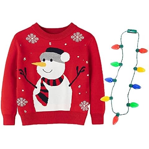 ILAVSUN Girls Light Up Ugly Christmas Sweater Kids Big Boys Double Layer Knitted Funny Snowman Snowflakes LED Xmas Holiday Pullover Sweaters 8-9 Years Old Red Cover