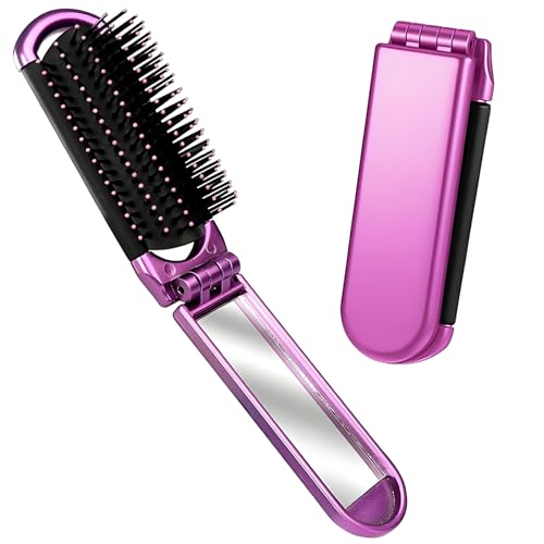 YPYMOD Mini Cepillo Plegable para El Pelo de Viaje, Cepillo de Viaje con Espejo, para Hombres, Niñas, Mujeres，para El Cuero Cabelludo Grueso, Fino, Rizado, Liso, Húmedo y Seco（Morado）