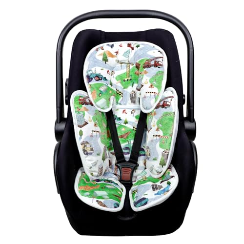 Image of CARUILI Reversible Infant Car Seat Insert, Summer Car Seat Head Support Baby Newborn Preemie Boys, Ultra Breathable & Soft Baby Carrier Stroller Bouncer Cushion Pillow, Vehicle Pattern