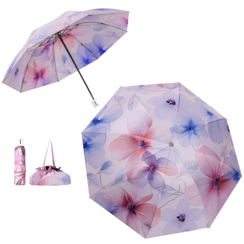 Meichoon Paraguas con bolso UPF50+ Protección UV Portátil Ligero Impermeable Parasol de doble capa Diseño mejorado a prueba de viento Flor clásica retro Estilo vintage para mujeres Viajes