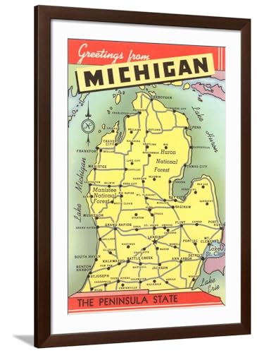 Art.com Wall Art Print Map of Michigan on Brown Frame, 32" x 44"