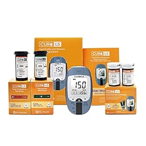 All in One CURO Home Blood Cholesterol Test Kit (L5 Device + 10 Total Cholesterol Strips + 10 Triglycerides Strips + 50 Glucose Strips Included)