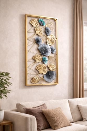 Image of F-RIQA METAL Luxury Metal Leaf Wall Art (20 x 40 Inch) - Gold & Blue Floral Wall Hanging Decor for Living Room, Bedroom & Office