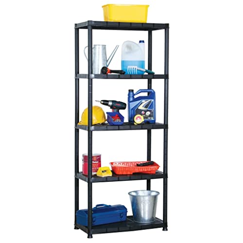 Molumvel Estantería de almacenamiento de plástico, 5 niveles, 71 x 38 x 170 cm, color negro, para cargas pesadas para sótano, garaje y despensa, estable con alta capacidad de carga