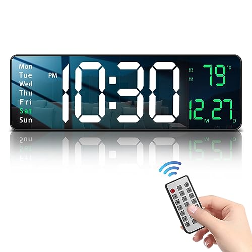 Image of JoFomp Modern 16 inch Large Digital Wall Clock with Remote Control, LED Display, Auto-Dimming, Countdown, Temperature, Calendar - 12 /24Hr Format (Green),Acrylonitrile Butadiene Styrene