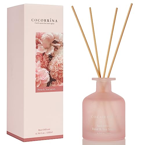 COCORRÍNA Diffusore Profumo Ambiente - Rosa e Foglie di tè 200ml Diffusore con Bastoncini Diffusore di Canne di Oli Essenziali per la Casa per la Camera da Letto Bagno Scaffale Decorazione Ufficio