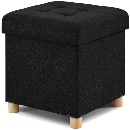 BRIAN & DANY Ottoman with Storage, Small Storage Ottoman for Dorm, Linen Folding Ottoman Foot Stool with Legs for Living Room and Bedroom - 37.6 x 37.6 x 41cm (Black)