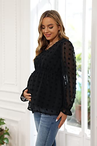 Womens Maternity Tops Flutter Sleeves Tiered Basic Casual Chiffon Blouses Black L #TOP4