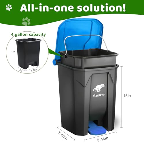Image of Dog Poop Trash Can Outside, 20L /5Gallon Dog Waste Trash Can with Lid, Pedal and Removable Inner Waste Bin, Pet Poop Bucket with 100 Bags, Blue