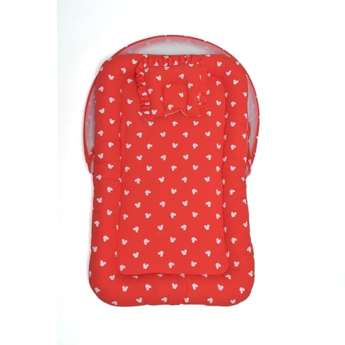 Image of TIDY SLEEP Baby Bed with Mosquito Net & Neck Pillow, Baby Gadda Set for New Born, 0Months+, Printed Baby Gadda, Baby Sleeping Bed (Boat House Mickey Red)