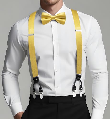 Image of Dubulle Suspender and Bow Tie for Men Paisley Solid Mens Suit Braces Pretied Bowtie and Handkerchief Cufflinks Formal Wedding