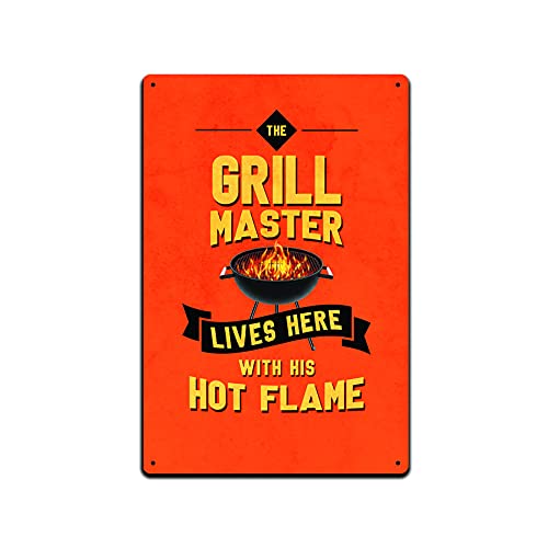 JP's ParcelsTin Signs Backyard BBQ Wall Decor - Metal Wall Sign 12x8 in. The Grill Master Lives Here with His Hot Flame