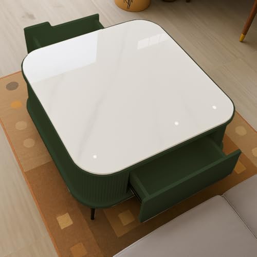 Image of WOODEN SPACE Premium Solo Marble-Top Wooden Center Table for Living Room | Iron Legs | PVD Coating | Modern Entryway Furniture | Coffee Table (Dark Green)