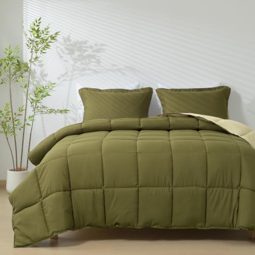 Image of HIG 3pc Olive Queen Size Bedding Comforter Set Duvet Insert Blanket