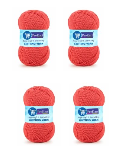 Image of ProKart Premium 4 Ply Wool Yarn, Soft and Durable Knitting & Crochet Yarn for Sweaters, Scarves, Hats, Baby Clothes, Purses, Gift Bags and DIY Craft Projects. Carrot Pink, 100g x 4 Balls.