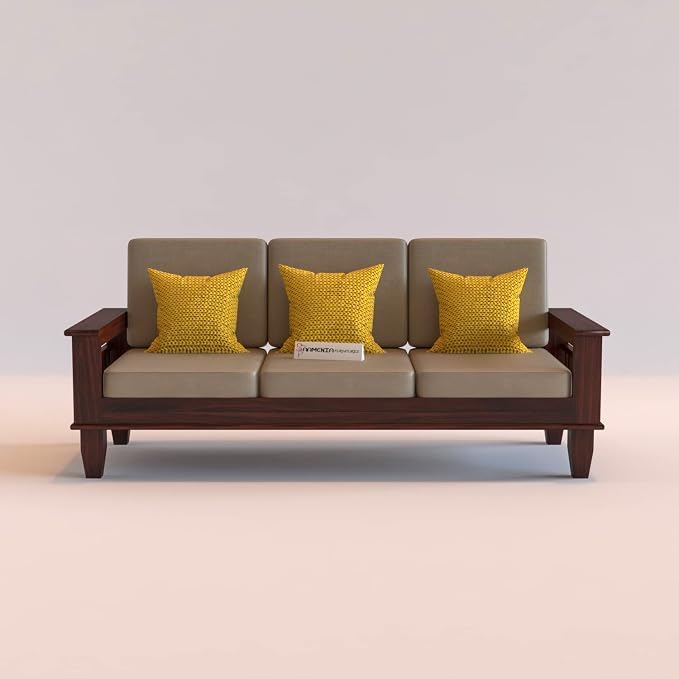 Image of Sheesham Wooden 3 Seater Sofa for Living Room | Rosewood 3 Seater Cushion Sofa with Side Newspaper Holder for Home & Office | Solid Wood Sofa Set for Lounge (Mahogany)
