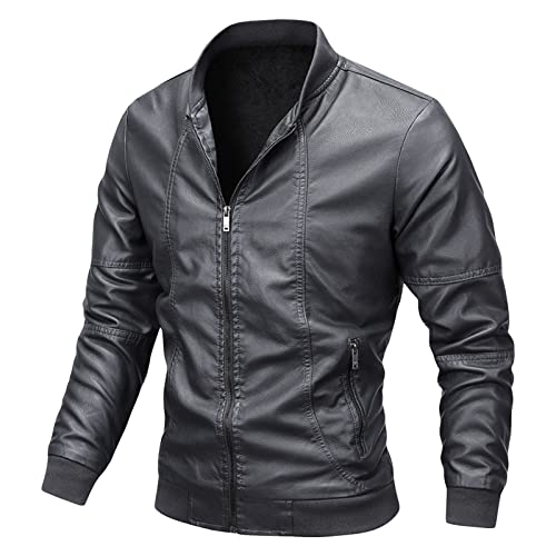Maiyifu-GJ Men Stand Collar Leather Jacket Lightweight Faux Leather Motorcycle Jackets Casual Slim Zip Up Bomber Biker Coat (Grey,4X-Large)