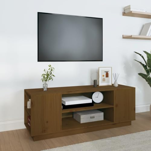 Meuble TV miel bronze 110x35x40,5cm en pin massif, ensemble classique avec grand espace de rangement pour magazines et DVD.