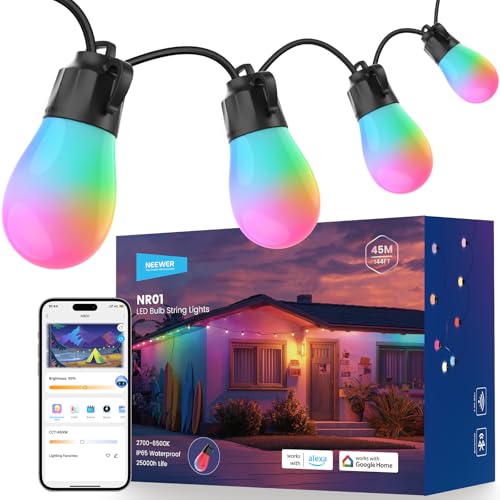 Image of NEEWER NR01 144ft Outdoor String Lights App Control Smart AI RGB IC W Light | Patio Balcony Backyard Outside Hanging Lighting, IP65 Waterproof, 45 LED Bulbs, 50+ Scenes, Compatible with Alexa Google