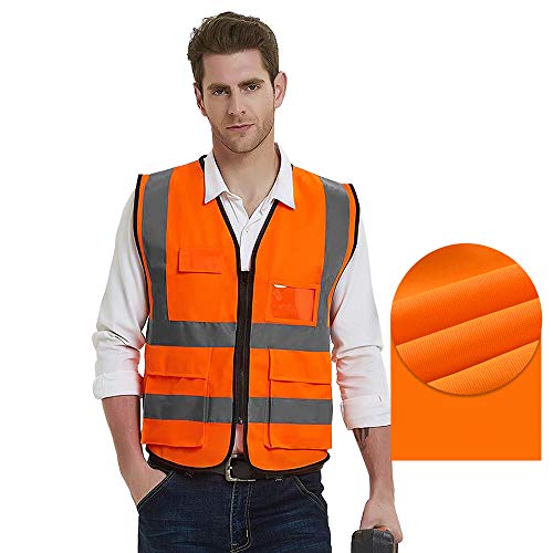Gayisic ReflectiveÂ SafetyÂ Vest, High Visibility, Bright Neon Color Construction Protector with Reflective Strips with Five Pockets (L, Orange)