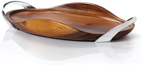 nambe Bella Wood Handled Tray | Large Wooden Serving Tray with Handles for Dinner, Appetizers, and Snacks | Made of Metal Alloy and Acacia Wood | 18 Inch Bread Board | Designed by Steve Cozzolino