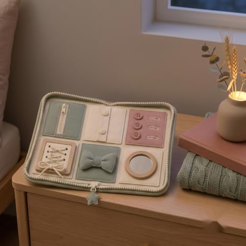 Juju Felt Activity Folio Fold-Out Fabric Board – Six Sewn Felt Skill Panels with Zip Snap Button Lace Bow and Mirror – Quiet Travel-Friendly Fine-Motor Folio – Soft Cotton Canvas Sensory Accent - Image 3