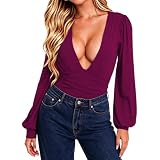 Syydn Women's Deep V Neck Tops Sexy Puff Sleeve Bodycon Jumpsuit Stretchy Bodysuit Jumpsuits (Burgundy, Large)