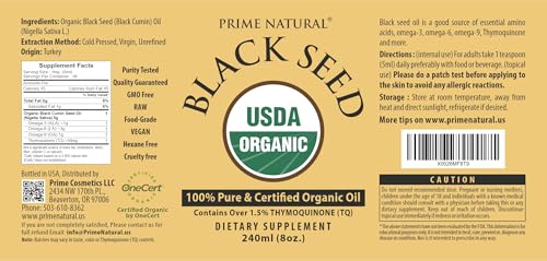 Image of PRIME NATURAL Organic Black Seed Oil 8oz | Cold Pressed Unrefined High Thymoquinone 1.7% USDA Certified | Turkish Origin Potent Pure Nigella Sativa Liquid | Vegan Omega 3 6 9, Antioxidant