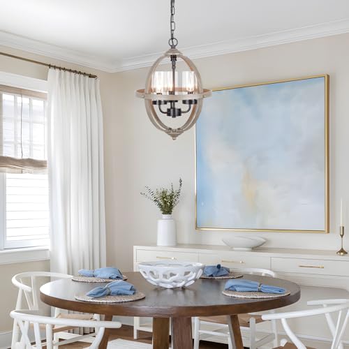 Rustic Chandelier, 20" Wood Finish Hanging Light, 4-Light Globe Vintage Pendant Light Fixture for Living Room, Entryway, Dining Room by Treekee - Image 4