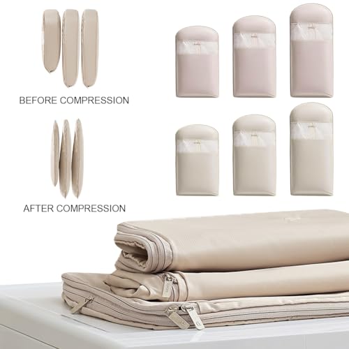 Space Saving Hanging Garment Bag with Self Compression Zipper,Space Saver Closet Organizers,Dust Cover Clothes Bags for Down Coat (Beige, L)2