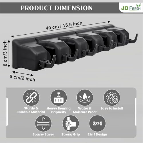 Image of JD FRESH 1 Pcs Plastic Mop and Broom Holder Wall Mount with 5 Slot & 6 Hook, Anti Slip Heavy Duty Waterproof Broom Hanger Stand Organizer Tool Kitchen Home Garden Bathroom (Grey)