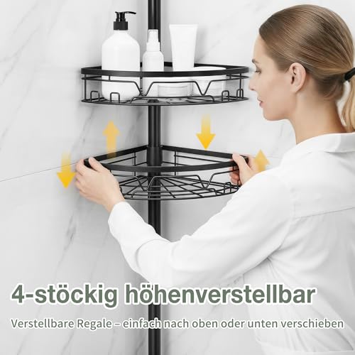 KEGII Teleskop Duschregal - 4 Tier Duschregal Ohne Bohren Teleskopregal Ecke Shampoo Halterung für Dusche(63,5-290 CM, Schwarz)