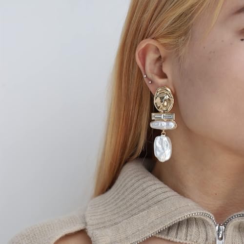 Statement Pearl Dangle Earrings,Gold and Large Pearl,Luxury Chandelier Organic Style Earrings2