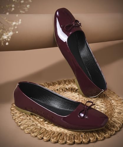 Image of JM LOOKS Elegant Glossy Patent Leather Pointed Toe Flats with Delicate Bow Accent for Professional and Occasion Wear