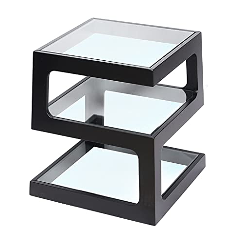 Coffee Table Square Side Table Square Small Tea Table Glass Solid Wood Sofa Corner Table Double-layer Square Table (White) (Black)