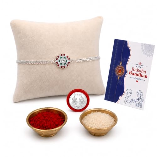 Image of Oblivion Rakhi for Brother - Silver Color Flower Shape Rakhi with Silver Color Pooja Coin, Greeting Card & Roli Chawal, Traditional Raksha Bandhan Festive Celebrations Combo Pack for Bhai (K1 A36)
