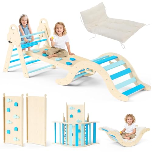 Montessori - Struttura da arrampicata 7 in 1 in legno con rampa e arco, con comodi cuscini, legno massello naturale, antiscivolo, 1-6 anni (Basic-blu)