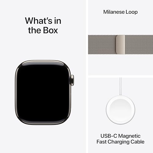 Image of Apple Watch Series 10 [GPS + Cellular 42 mm] Smartwatch with Natural Titanium Case with Natural Milanese Loop. Fitness Tracker, ECG App, Always-On Retina Display, Carbon Neutral