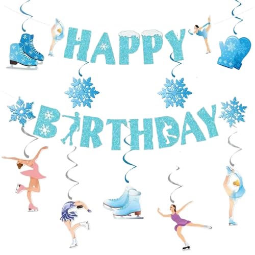 Ice Skating Happy Birthday Banner- Light Blue Glitter Snowflake Banner with Winter Sport Hanging Swirls Streamers For Girls Winter Party Decor，Ice Skating Party Decorations