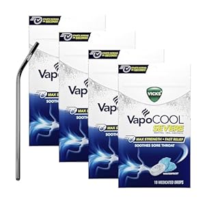 Vicks VapoCOOL Severe Medicated Sore Throat Drops – 18ct Vicks Menthol Cough Drops for Adults in Winterfrost Flavor Metal Straw, Vicks Pain Relief Drops in Maximum Strength ~ [Pack of 4]